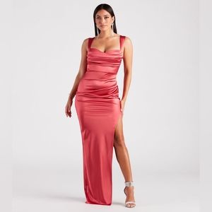 Windsor Kirsten Satin Cowl Neck High Slit Formal Dress
